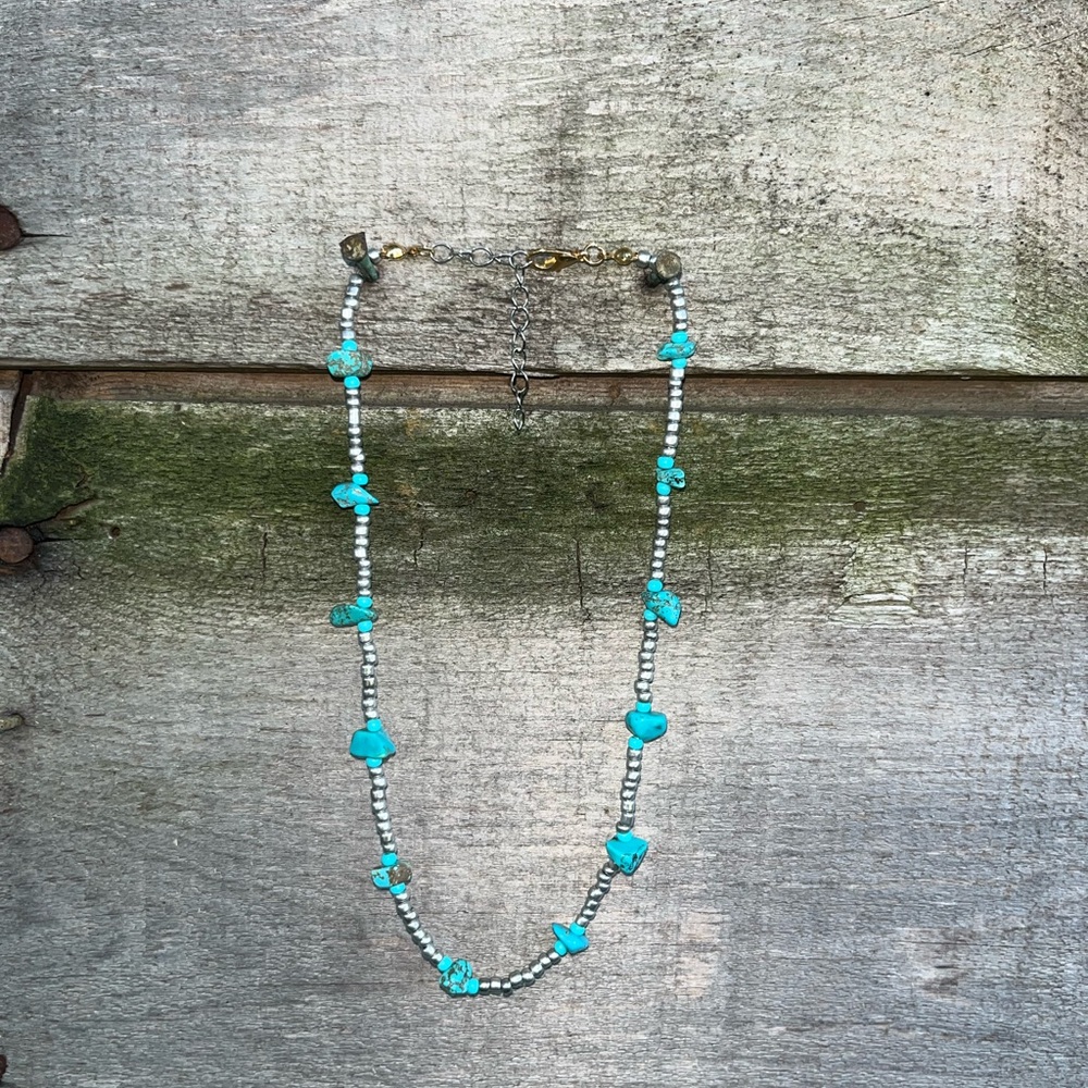 Handmade Turquoise and Silver Beaded Necklace
